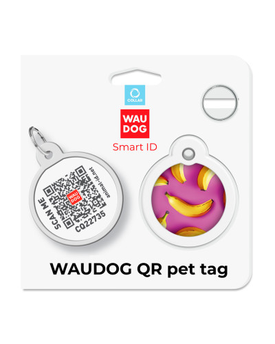 Адресник для собак і котів металевий WAUDOG Smart ID з QR паспортом, малюнок "Банани на рожевому", коло, Д 30 мм