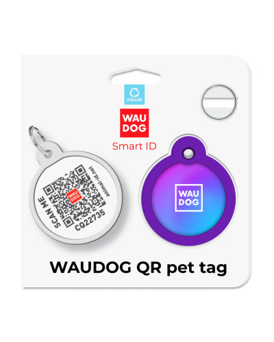Адресник для собак і котів металевий WAUDOG Smart ID з QR паспортом, малюнок "Градієнт фіолетовий", коло, Д 30 мм