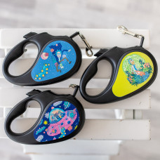 Повідець-рулетка для собак WAUDOG R-leash, малюнок "Рік та Морті 3", L, до 50 кг, 5 м, світловідбиваюча стрічка чорний