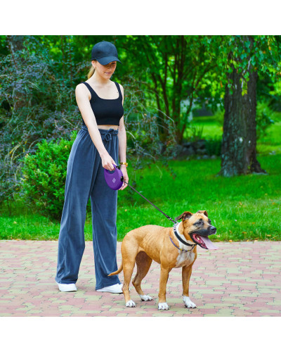 Повідець-рулетка для собак WAUDOG R-leash з контейнером для пакетів, світловідбивна стрічка, L, до 40 кг, 5 м, фіолетовий