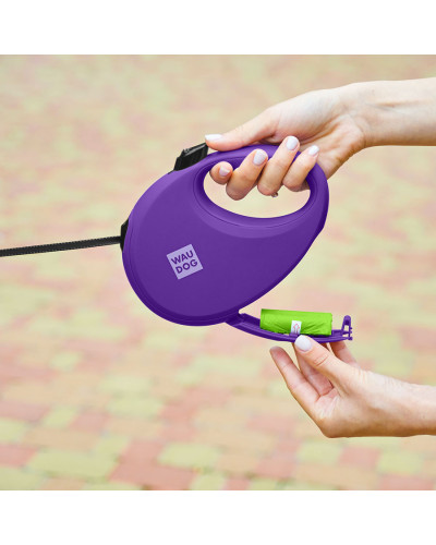 Повідець-рулетка для собак WAUDOG R-leash з контейнером для пакетів, світловідбивна стрічка, L, до 40 кг, 5 м, фіолетовий