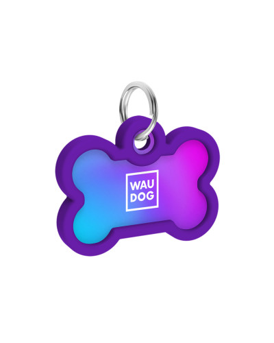 Адресник для собак і котів металевий WAUDOG Smart ID з QR паспортом, малюнок "Градієнт фіолетовий", кістка, Д 40 мм, Ш 28 мм