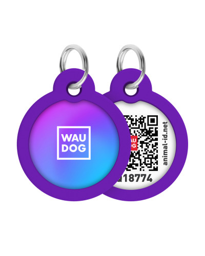 Адресник для собак і котів металевий WAUDOG Smart ID з QR паспортом, малюнок "Градієнт фіолетовий", коло, Д 30 мм