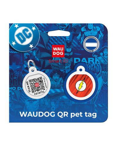 Адресник для собак і котів металевий WAUDOG Smart ID з QR паспортом, малюнок "Флеш лого", коло, Д 25 мм