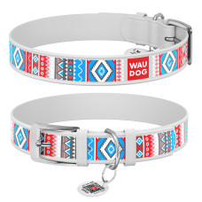 Нашийник для собак шкіряний WAUDOG Design з QR паспортом, малюнок "Етно", L, Ш 25 мм, Дов 38-49 см білий