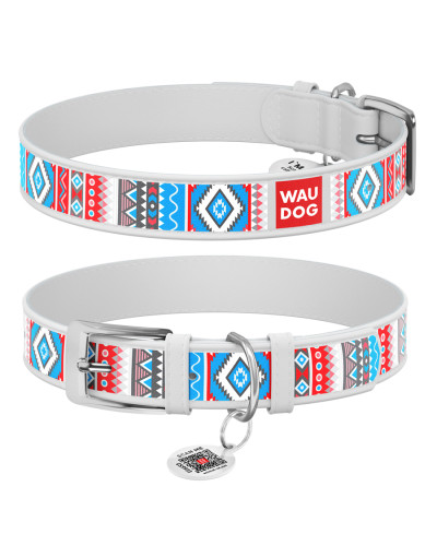Нашийник для собак шкіряний WAUDOG Design з QR паспортом, малюнок "Етно", L, Ш 25 мм, Дов 38-49 см білий