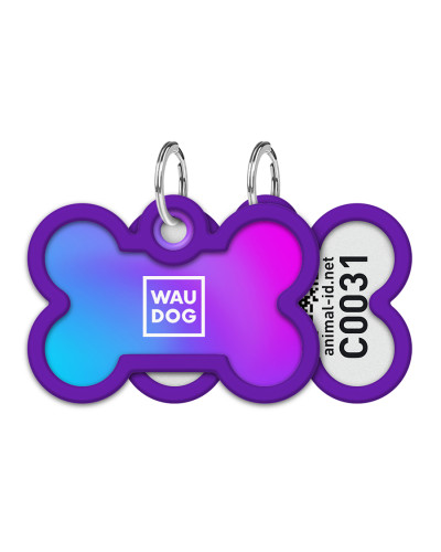 Адресник для собак і котів металевий WAUDOG Smart ID з QR паспортом, малюнок "Градієнт фіолетовий", кістка, Д 40 мм, Ш 28 мм