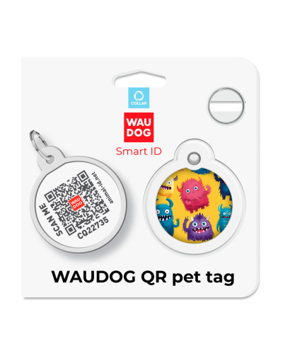 Адресник для собак і котів металевий WAUDOG Smart ID з QR паспортом, малюнок "Мохнаті монстри", коло, Д 30 мм