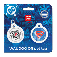 Адресник для собак і котів металевий WAUDOG Smart ID з QR паспортом, малюнок "Супермен ретро", коло, Д 30 мм