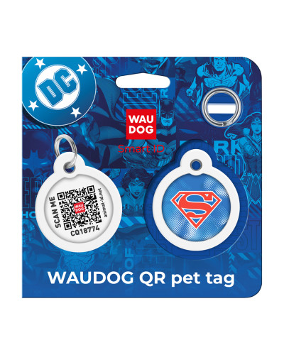 Адресник для собак і котів металевий WAUDOG Smart ID з QR паспортом, малюнок "Супермен ретро", коло, Д 30 мм