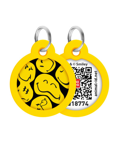 Адресник для собак і котів металевий WAUDOG Smart ID з QR паспортом, малюнок "Смайли на чорному", коло, Д 30 мм