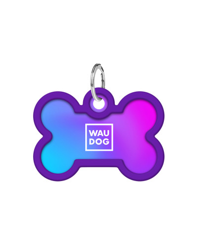 Адресник для собак і котів металевий WAUDOG Smart ID з QR паспортом, малюнок "Градієнт фіолетовий", кістка, Д 40 мм, Ш 28 мм