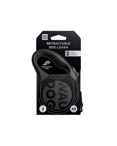 Повідець-рулетка для собак WAUDOG R-leash Monochrome Black, XS, до 12 кг, 3 м, світловідбивна стрічка, чорна