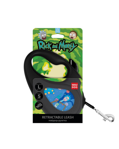 Повідець-рулетка для собак WAUDOG R-leash, малюнок "Рік та Морті 3", L, до 50 кг, 5 м, світловідбиваюча стрічка чорний