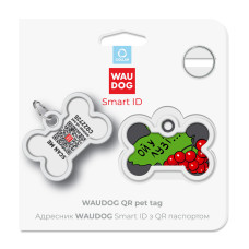 Адресник для собак і котів металевий WAUDOG Smart ID з QR паспортом, малюнок "Калина", кістка, Д 40 мм, Ш 28 мм