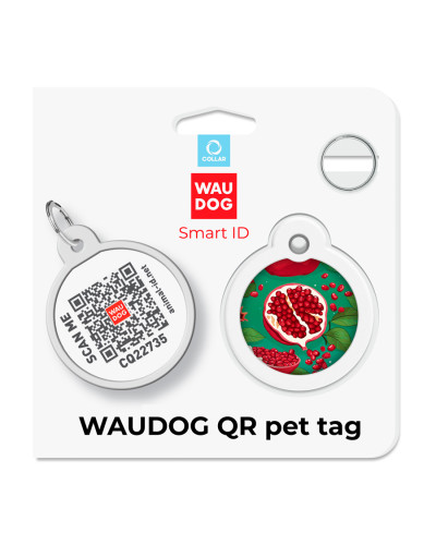 Адресник для собак і котів металевий WAUDOG Smart ID з QR паспортом, малюнок "Гранати", коло, Д 30 мм