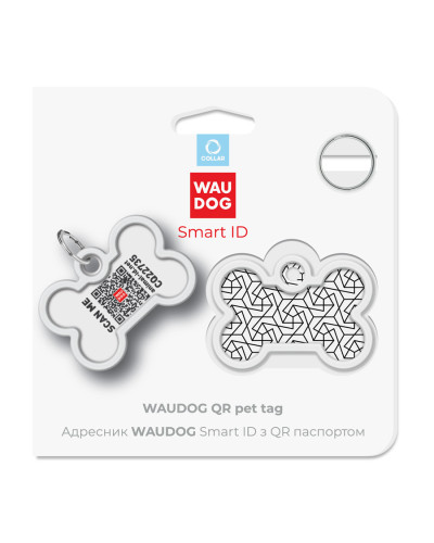 Адресник для собак і котів металевий WAUDOG Smart ID з QR паспортом, малюнок "Геометрія", кістка, Д 40 мм, Ш 28 мм