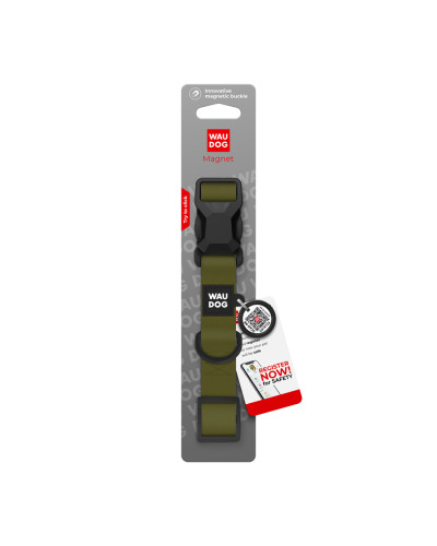 Нашийник для собак водостійкий WAUDOG Magnet c QR паспортом, магнітна пряжка-фастекс, XL, Ш 25 мм, Дов 38-58 см, хакі