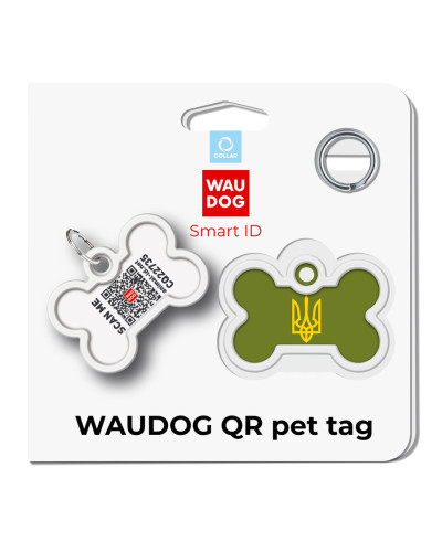 Адресник для собак і котів металевий WAUDOG Smart ID з QR паспортом, малюнок "Тризуб олива", кістка, Д 40 мм, Ш 28 мм