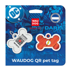 Адресник для собак і котів металевий WAUDOG Smart ID з QR паспортом, малюнок "Флеш лого", кістка, Д 40 мм, Ш 28 мм