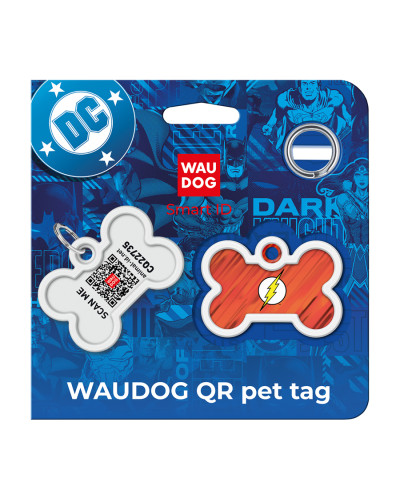 Адресник для собак і котів металевий WAUDOG Smart ID з QR паспортом, малюнок "Флеш лого", кістка, Д 40 мм, Ш 28 мм