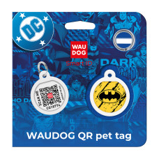 Адресник для собак і котів металевий WAUDOG Smart ID з QR паспортом, малюнок "Бетмен ескіз", коло, Д 25 мм