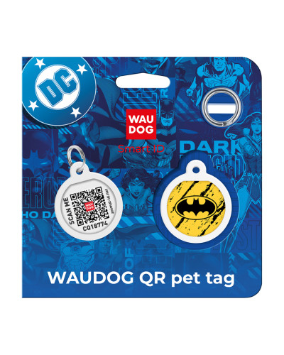 Адресник для собак і котів металевий WAUDOG Smart ID з QR паспортом, малюнок "Бетмен ескіз", коло, Д 25 мм