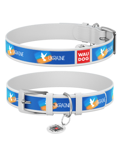 Нашийник для собак шкіряний WAUDOG Design з QR паспортом, малюнок "Прапор", XL, Ш 35 мм, Дов 46-59 см, білий