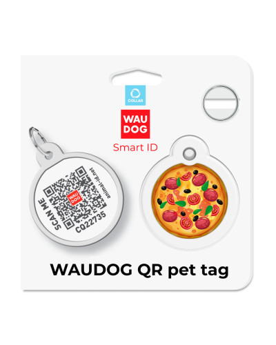 Адресник для собак і котів металевий WAUDOG Smart ID з QR паспортом, малюнок "Піца", коло, Д 30 мм