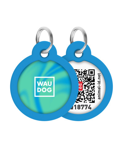 Адресник для собак і котів металевий WAUDOG Smart ID з QR паспортом, малюнок "Градієнт блакитний", коло, Д 30 мм