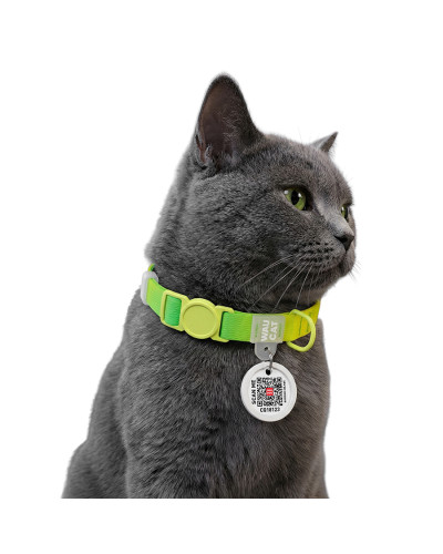 Нашийник для котів нейлоновий WAUCAT Nylon Recycled з QR адресником, градієнт, безпечна пряжка, XS, Ш 10 мм, Дов 20-30 см, салатовий
