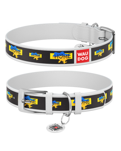 Нашийник для собак шкіряний WAUDOG Design з QR паспортом, малюнок "Дім", XL, Ш 35 мм, Дов 46-59 см, білий
