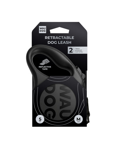 Повідець-рулетка для собак WAUDOG R-leash Monochrome Black, M, до 25 кг, 5 м, світловідбивна стрічка, чорна