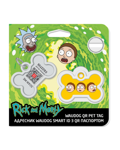 Адресник для собак і котів металевий WAUDOG Smart ID з QR паспортом, малюнок "Рік та Морті 2", кістка, Д 40 мм, Ш 28 мм
