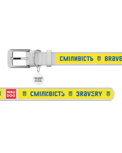 Нашийник для собак шкіряний WAUDOG Design з QR паспортом, малюнок "Сміливість", L, Ш 25 мм, Дов 38-49 см білий