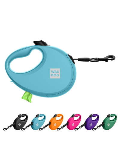 Повідець-рулетка для собак WAUDOG R-leash з контейнером для пакетів, світловідбивна стрічка, S, до 12 кг, 3 м, блакитний