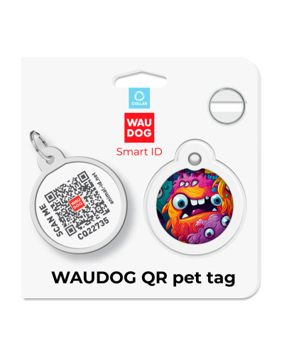 Адресник для собак і котів металевий WAUDOG Smart ID з QR паспортом, малюнок "Зубасті монстри", коло, Д 30 мм