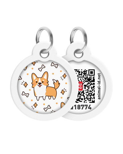 Адресник для собак і котів металевий WAUDOG Smart ID з QR паспортом, малюнок "Коргі", коло, Д 30 мм