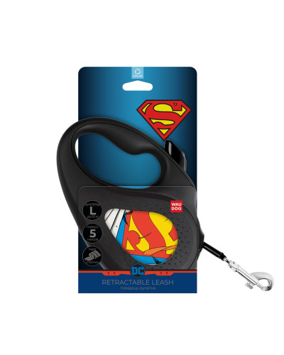 Повідець-рулетка для собак WAUDOG R-leash, малюнок "Супермен Герой", L, до 50 кг, 5 м, світловідбиваюча стрічка чорний