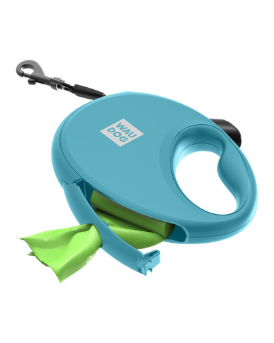 Повідець-рулетка для собак WAUDOG R-leash з контейнером для пакетів, світловідбивна стрічка, S, до 12 кг, 3 м, блакитний