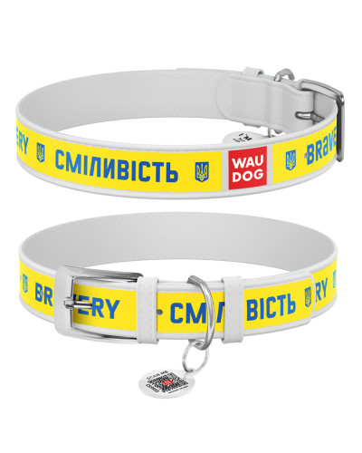 Нашийник для собак шкіряний WAUDOG Design з QR паспортом, малюнок "Сміливість", L, Ш 25 мм, Дов 38-49 см білий
