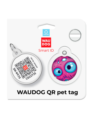 Адресник для собак і котів металевий WAUDOG Smart ID з QR паспортом, малюнок "Око монстра", коло, Д 30 мм