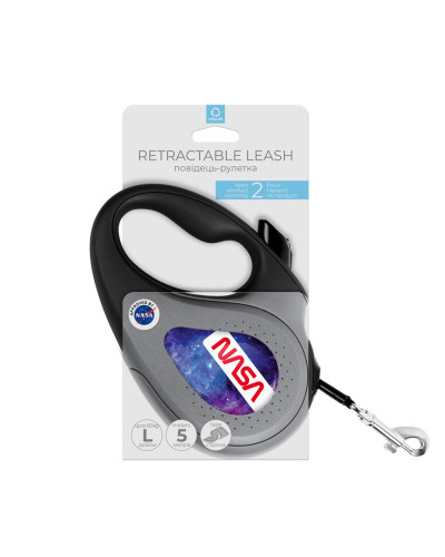 Повідець-рулетка для собак WAUDOG R-leash, малюнок "NASA21", L, до 50 кг, 5 м, світловідбиваюча стрічка чорний