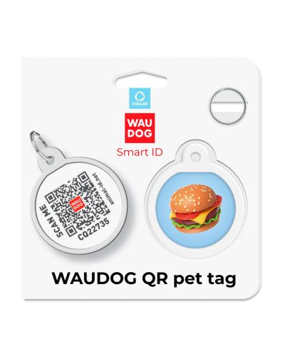 Адресник для собак і котів металевий WAUDOG Smart ID з QR паспортом, малюнок "Гамбургер", коло, Д 25 мм