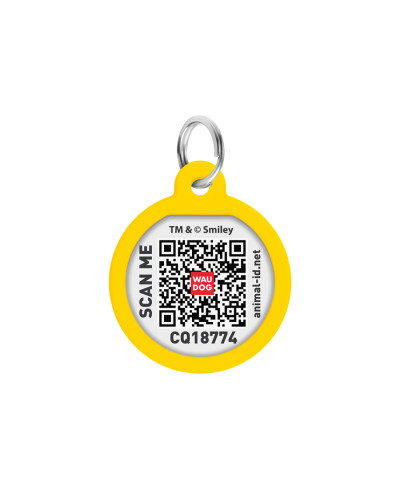 Адресник для собак і котів металевий WAUDOG Smart ID з QR паспортом, малюнок "Смайли на рожевому", коло, Д 25 мм