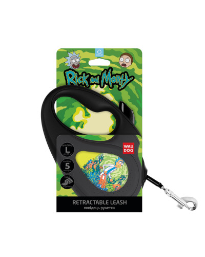 Повідець-рулетка для собак WAUDOG R-leash, малюнок "Рік та Морті 2", L, до 50 кг, 5 м, світловідбиваюча стрічка чорний