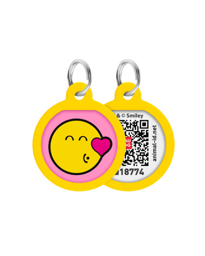Адресник для собак і котів металевий WAUDOG Smart ID з QR паспортом, малюнок "Смайли на рожевому", коло, Д 25 мм