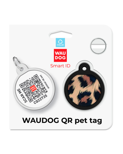 Адресник для собак і котів металевий WAUDOG Smart ID з QR паспортом, малюнок "Леопард", коло, Д 25 мм