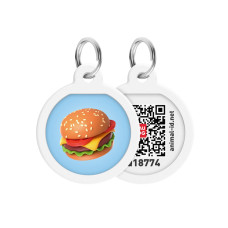 Адресник для собак і котів металевий WAUDOG Smart ID з QR паспортом, малюнок "Гамбургер", коло, Д 25 мм