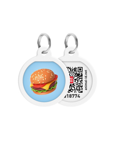 Адресник для собак і котів металевий WAUDOG Smart ID з QR паспортом, малюнок "Гамбургер", коло, Д 25 мм